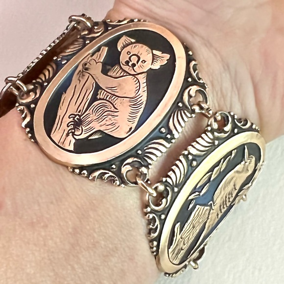 Wide Vintage Link Cuff Bracelet Adjustable Koala Kangaroo Animals Birds Unique - Picture 2 of 9